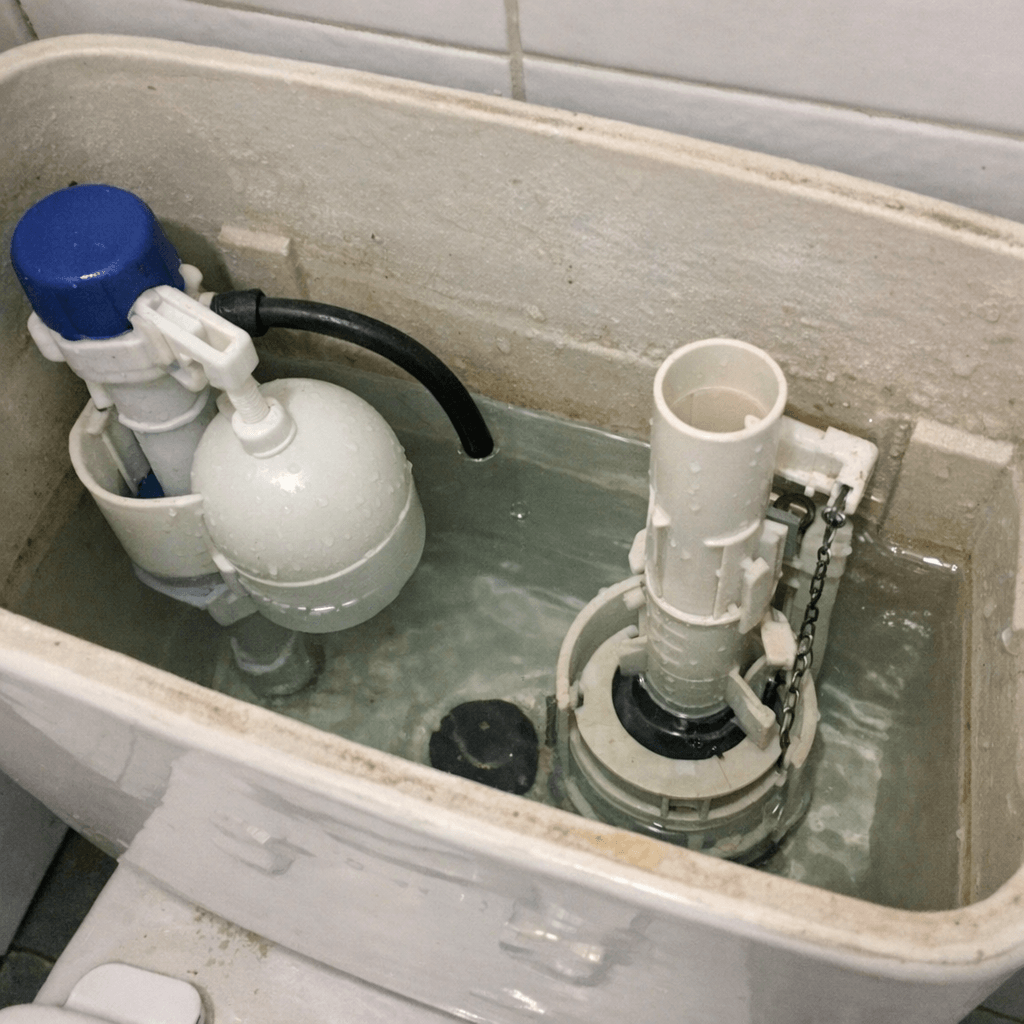 Offener Unterputz-Spülkasten mit sichtbarem Füllventil und ausgebautem Betätigungsmodul