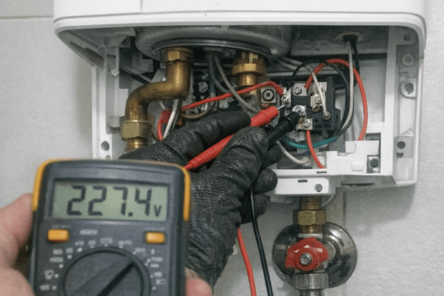 Sanitärmonteur prüft Anschlüsse an einem geöffneten Warmwassergerät an der Badezimmerwand