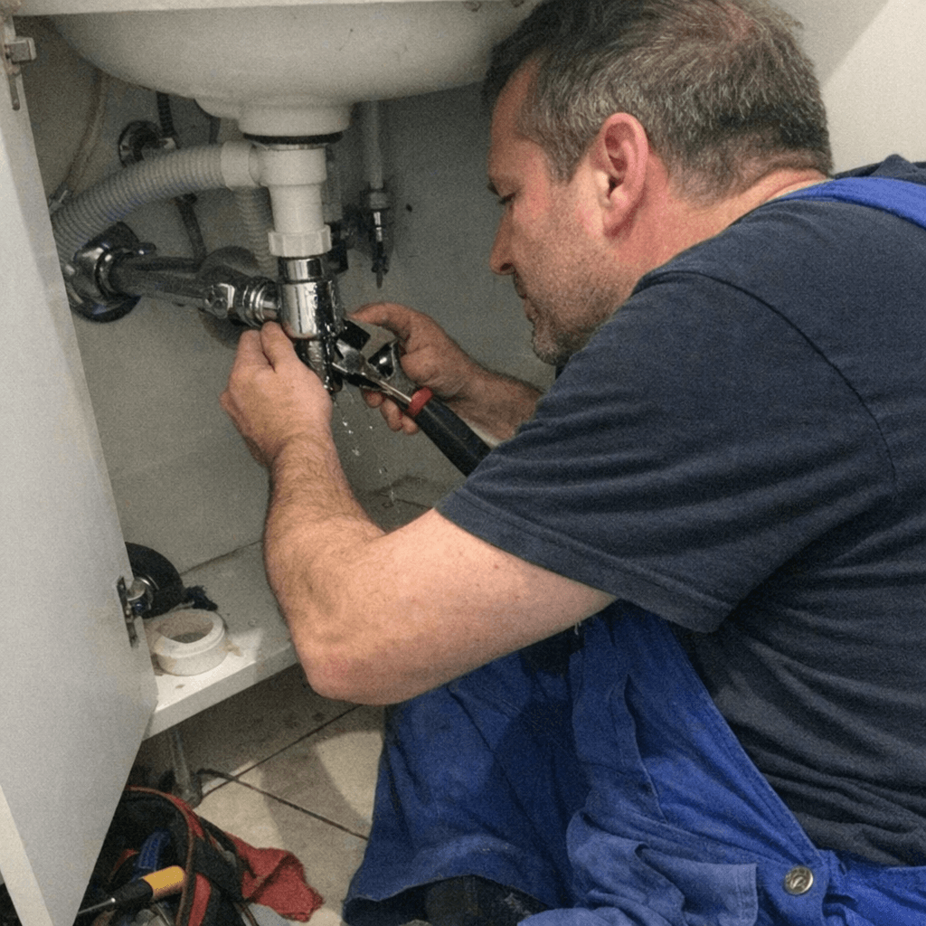 Monteur kniet neben einem geöffneten Waschbeckenunterschrank und dichtet eine tropfende Leitung in einer Wohnung ab