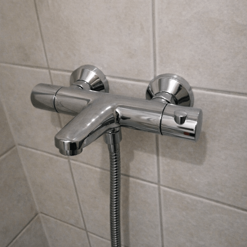 Verchromte Mischarmatur an einer gefliesten Duschwand, frisch montiert und trocken abgewischt