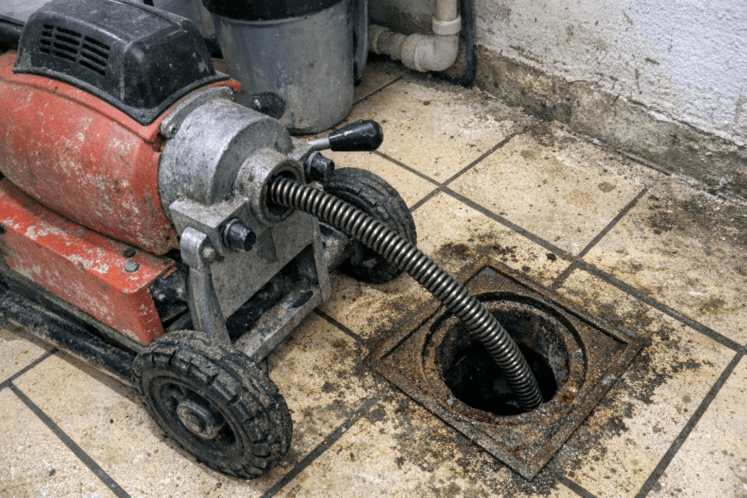 Rohrreinigungsspirale wird aus einer Maschine geführt und in ein geöffnetes Abflussrohr eingeführt