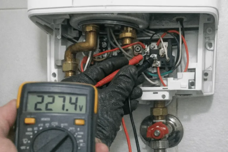 Techniker misst am geöffneten Warmwassergerät mit einem Prüfgerät elektrische Werte