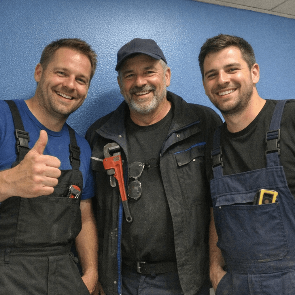 Sortierter Werkzeugsatz mit Presszange, Rohrschneider und Dichtmaterial auf dem Boden eines sanierten Badezimmers