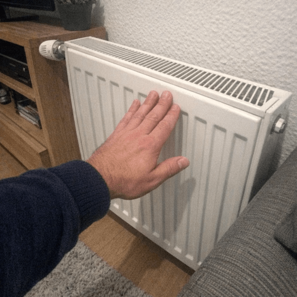 Hand mit Entlüftungsschlüssel am Ventil eines Heizkörpers, daneben ein Tuch zum Auffangen von Wasser