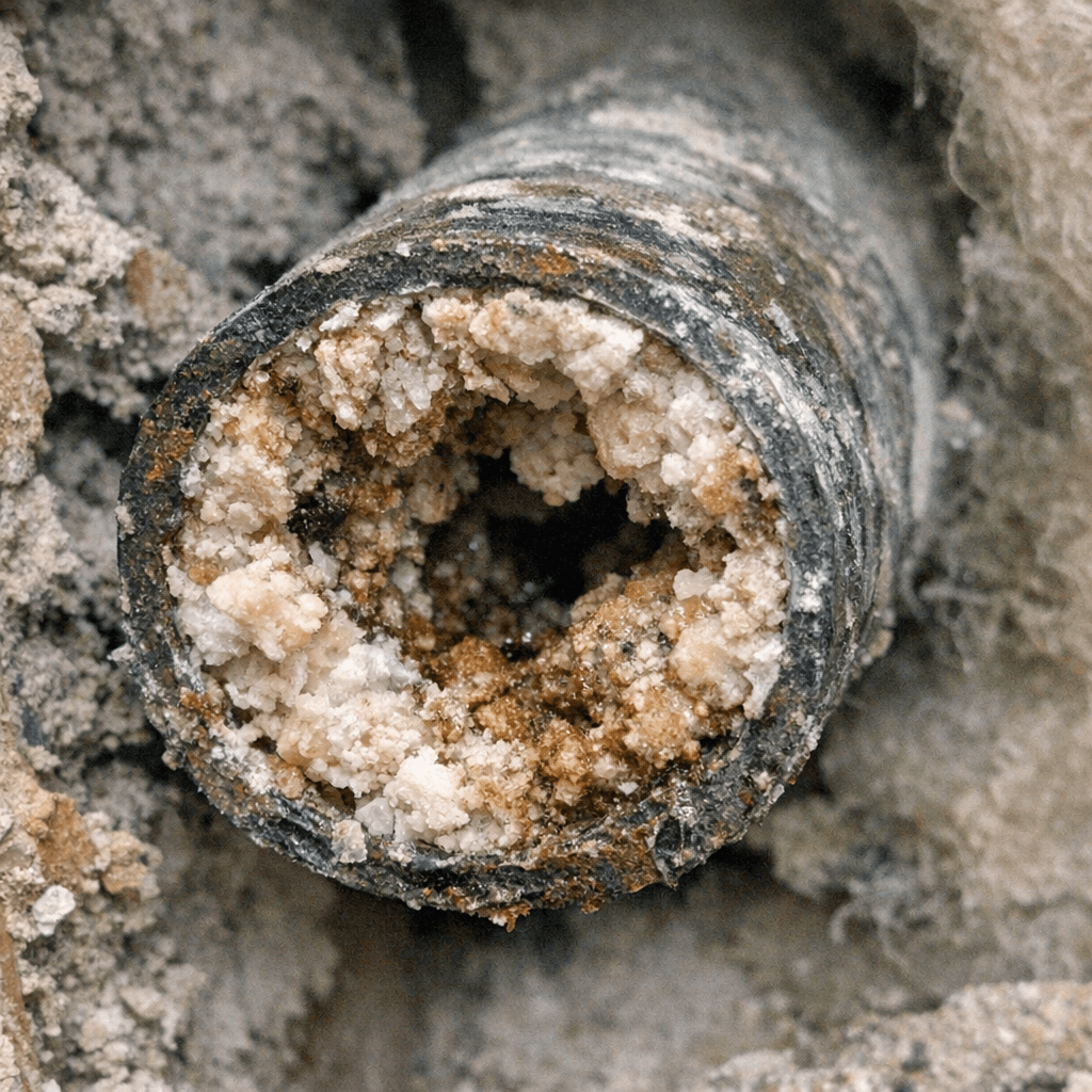 Freigelegte Kupferleitung in einer Wandnische, vorbereitet für den Einbau eines neuen Rohrstücks