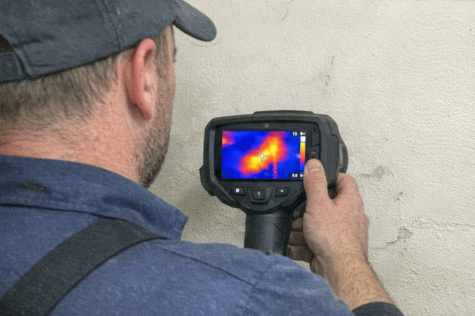Installateur hält ein Messgerät an eine Innenwand, während auf dem Display Feuchtigkeitswerte angezeigt werden