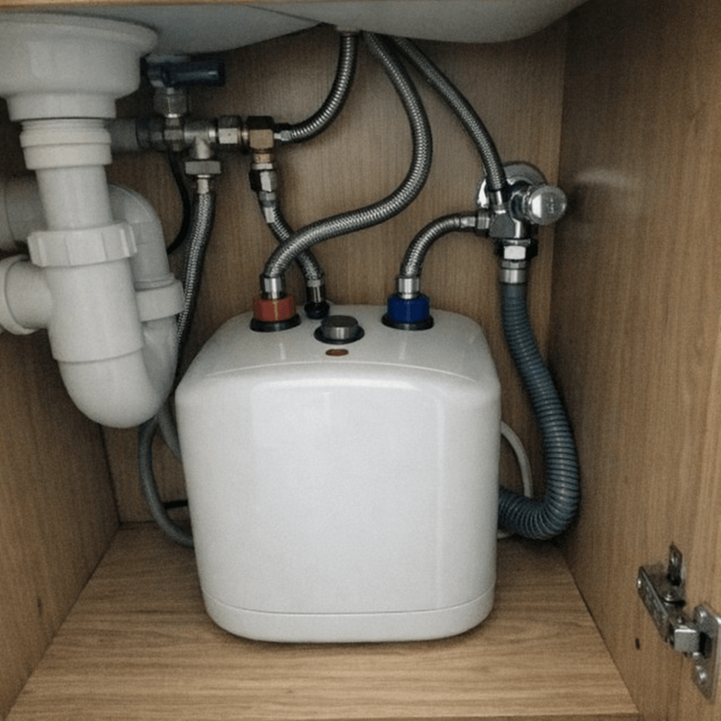 Kleiner Untertischspeicher mit neuen Anschlussleitungen und geöffnetem Absperrventil in einer Küchenzeile